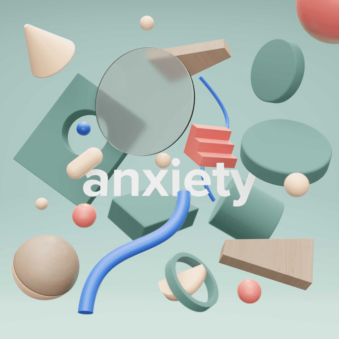 Image 2: A chaotic mix of abstract shapes surrounds the word “anxiety,” visually capturing the overwhelm and mental clutter of anxious thoughts.