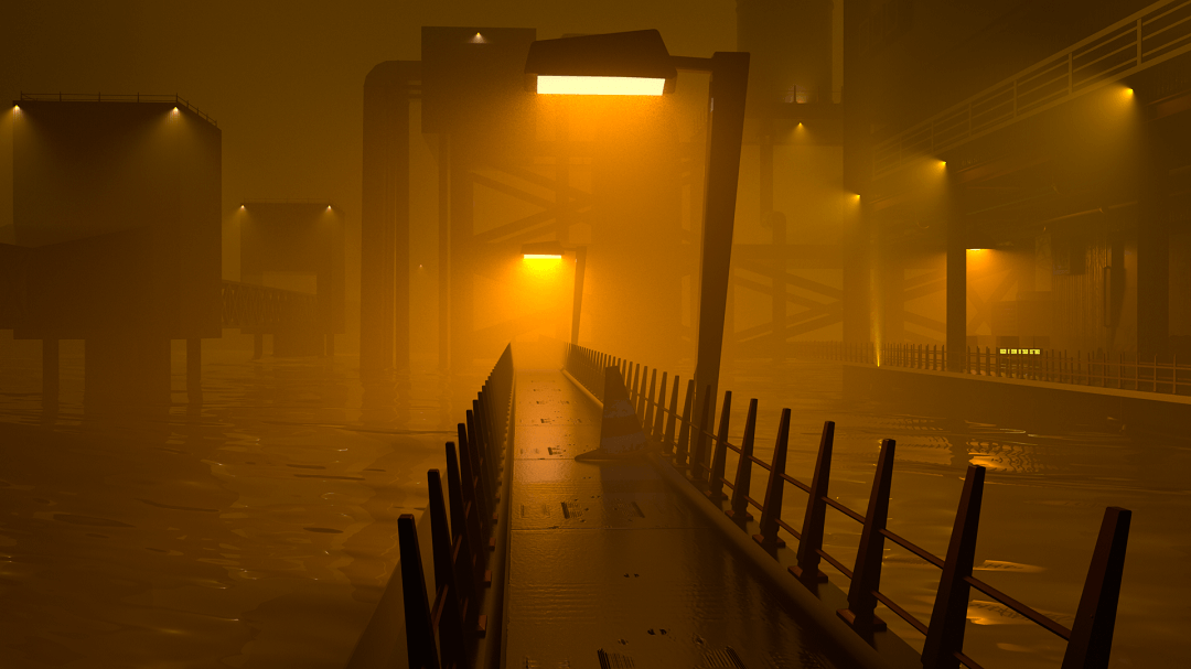 Figure 4: A metal walkway over still water, lost in smoke and haze